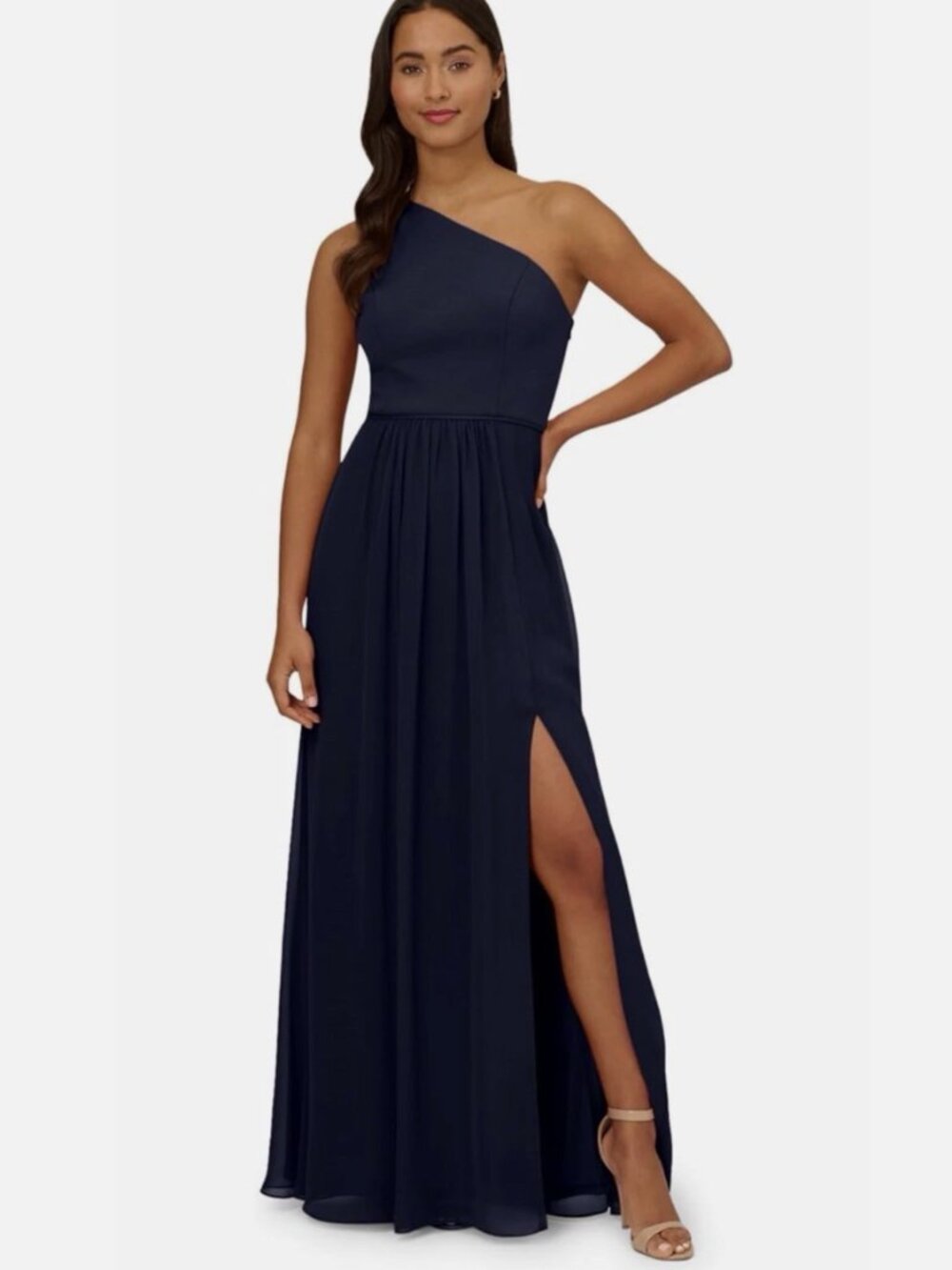 Adrianna Papell One Shoulder Chiffon Gown Midnight Blue Size US 6 NWT